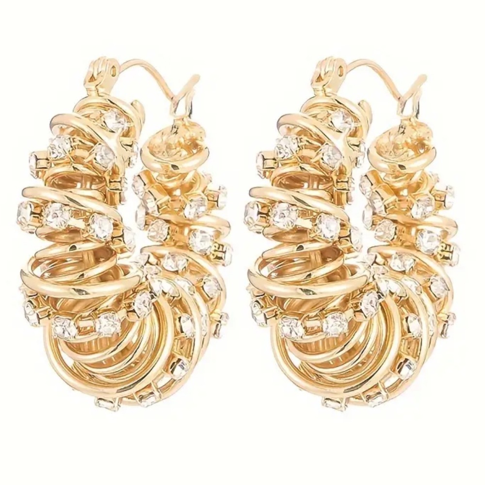 Earrings- golden wire loop w/ rhinestones, NIP, 1” diam, catches the light